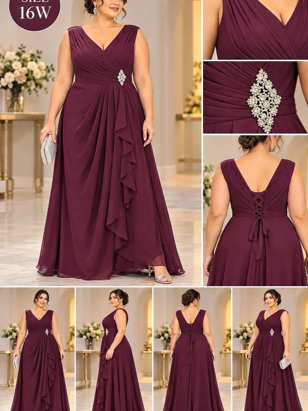 Ever-Pretty Plus Size V-Neck Chiffon Ruffle Evening Gown with Rhinestone Brooch